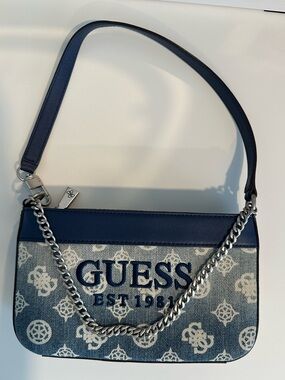 Guess Navy Denim Monogram Chain Shoulder Bag
